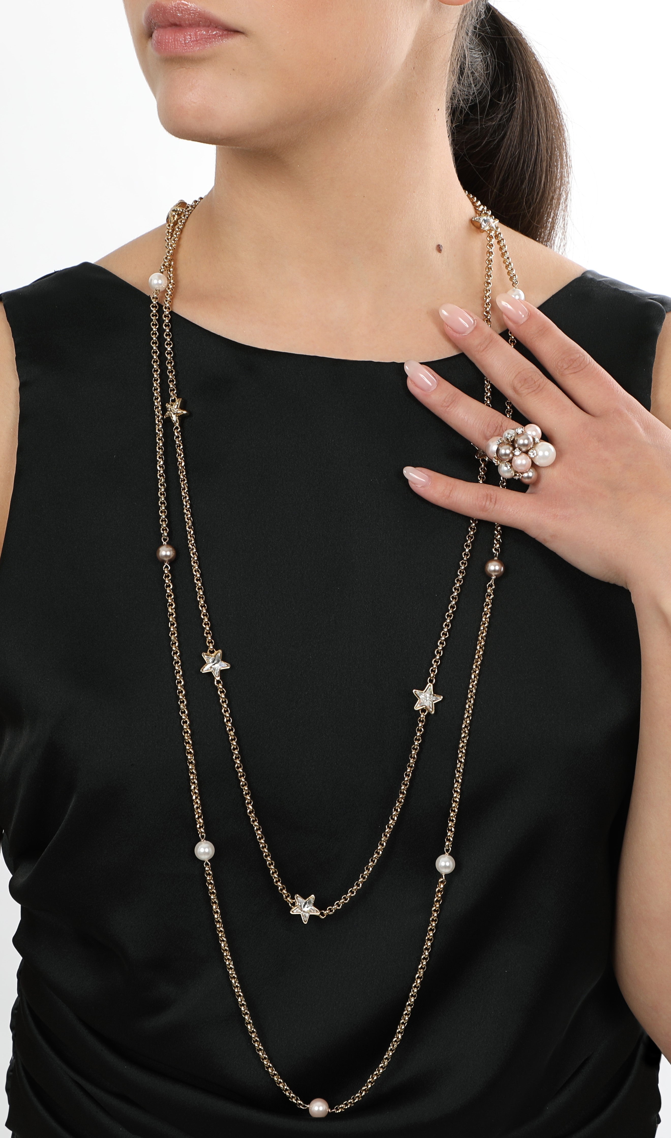 Collana a doppio filo con perle bianche e rose e cristalli a stella Amea Luxury_3