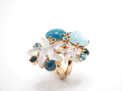Anello con cristalli color acquamarina e resine a forma di conchiglia e stella marina Amea Luxury