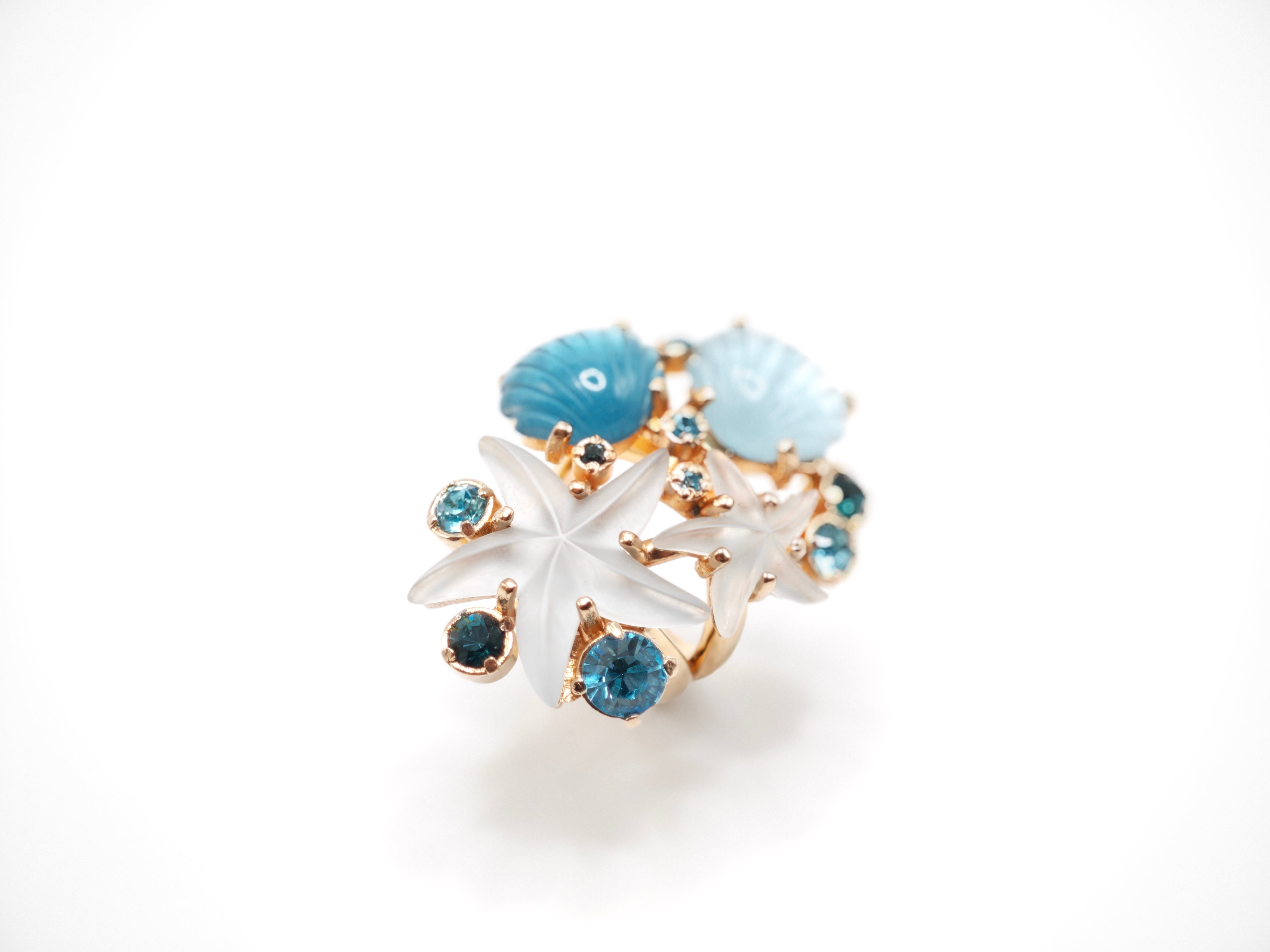 Anello con cristalli color acquamarina e resine a forma di conchiglia e stella marina Amea Luxury_1