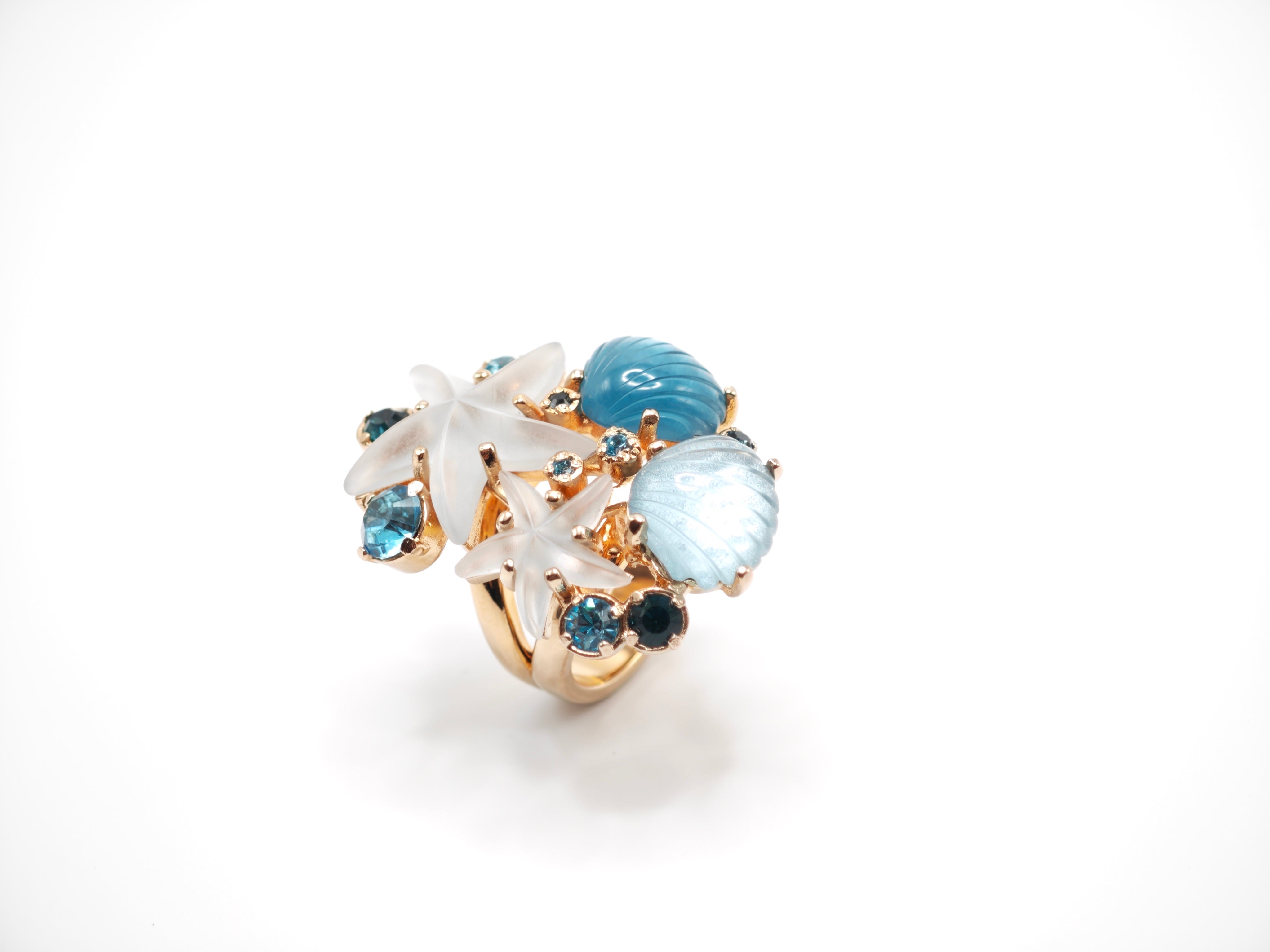 Anello con cristalli color acquamarina e resine a forma di conchiglia e stella marina Amea Luxury_3